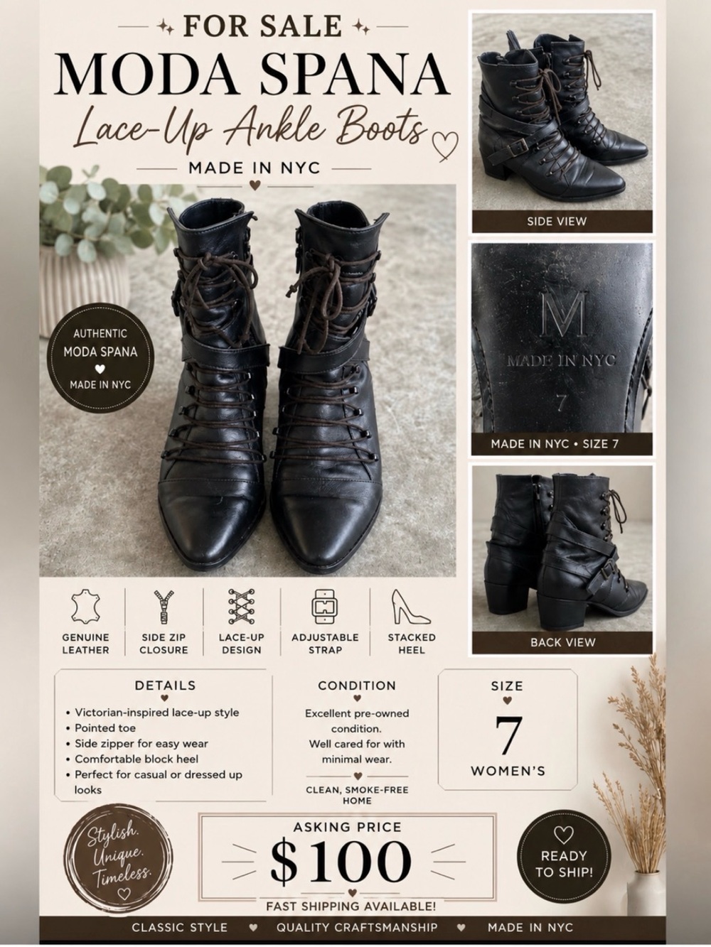 Moda Spana Black Lace-Up Leather Ankle Boots